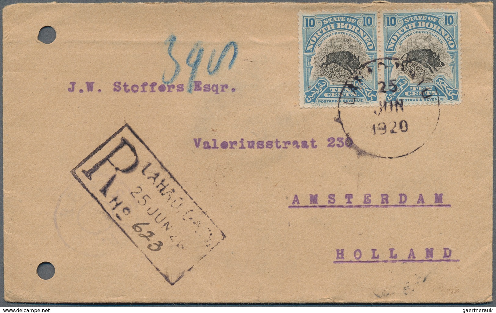 23761 Nordborneo: 1918/1920, Lot With 7 Franked Covers From LAHAD DATU To The Netherlands, Mostly Register - Bornéo Du Nord (...-1963)