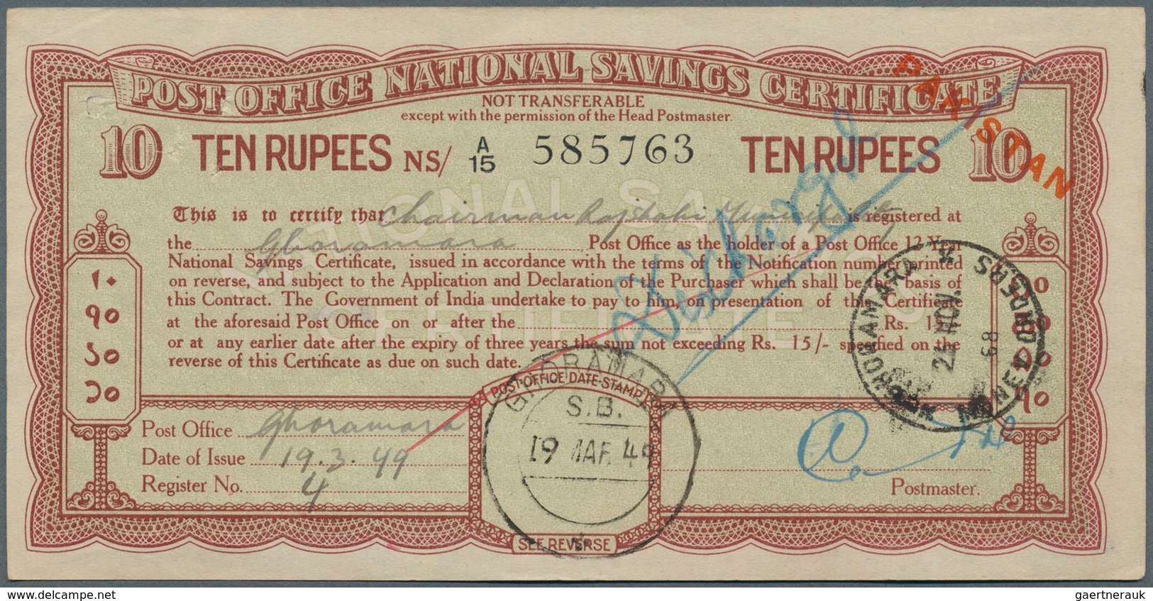 23790 Pakistan: 1948-49: Collection Of 35 Indian 1943 'Post Office National Savings Certificate"s 10r. Ove - Pakistan