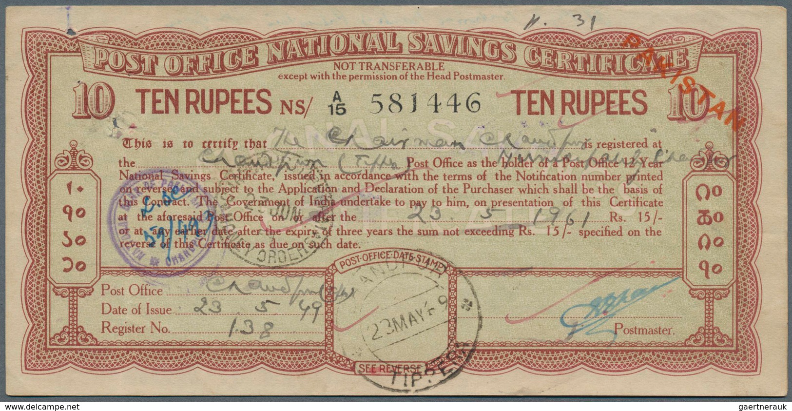 23790 Pakistan: 1948-49: Collection Of 35 Indian 1943 'Post Office National Savings Certificate"s 10r. Ove - Pakistan