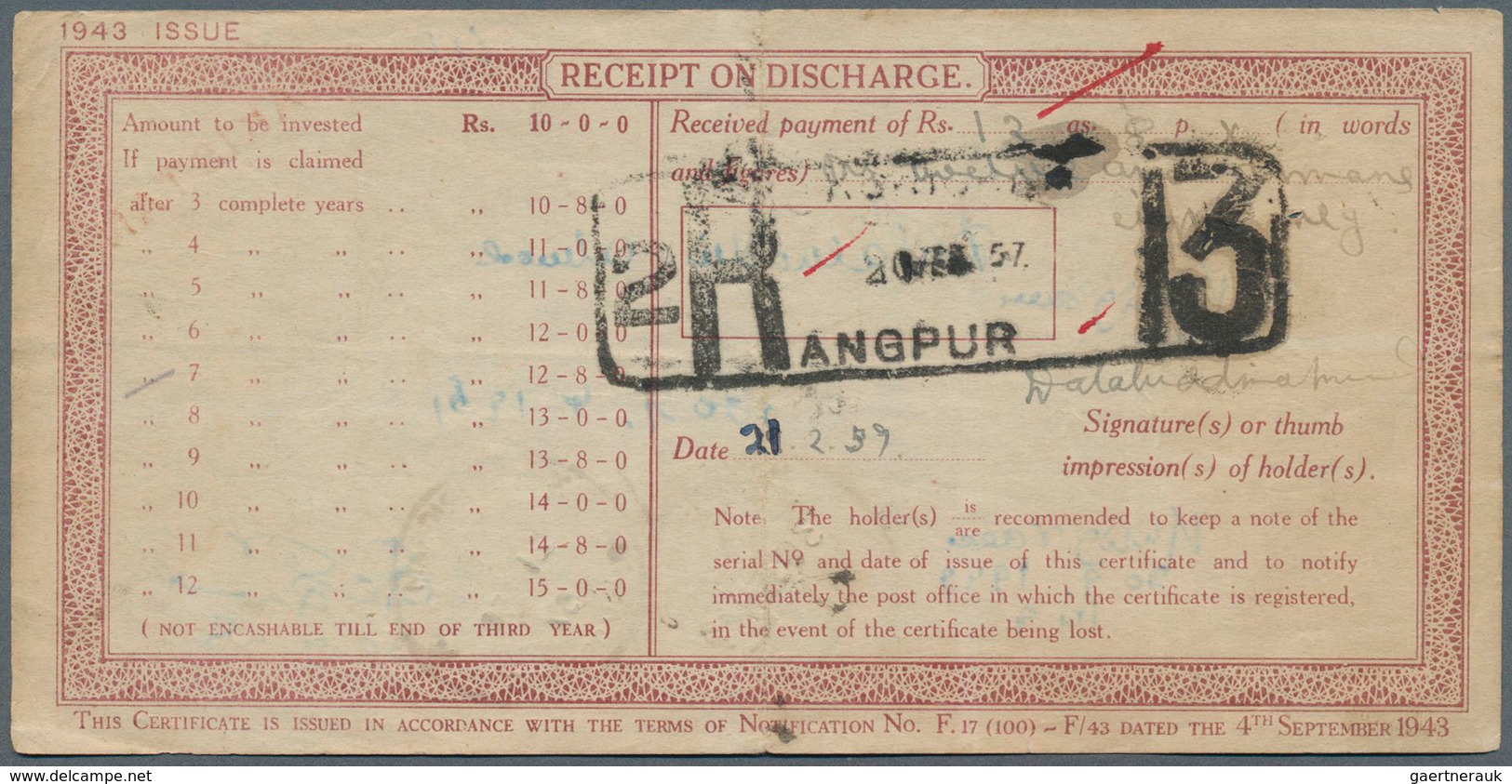 23790 Pakistan: 1948-49: Collection Of 35 Indian 1943 'Post Office National Savings Certificate"s 10r. Ove - Pakistan