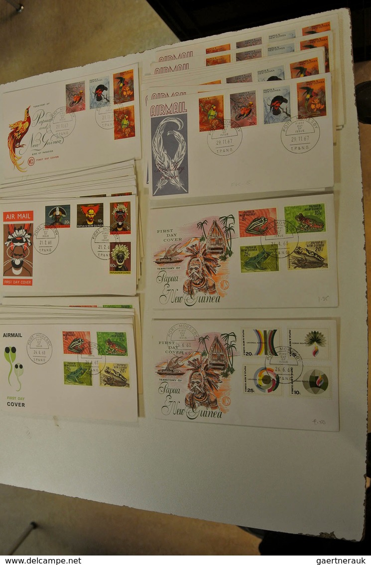 23812 Papua Neuguinea: 1952/88: Lot of ca. 1400 FDC's of Papua New Guinea 1952-1988 in large box. Lot cont