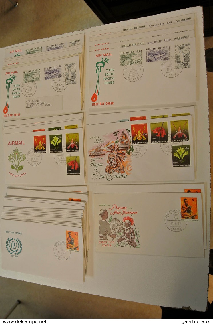 23812 Papua Neuguinea: 1952/88: Lot of ca. 1400 FDC's of Papua New Guinea 1952-1988 in large box. Lot cont