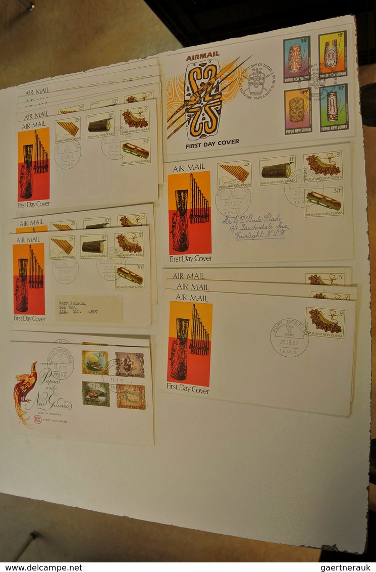 23812 Papua Neuguinea: 1952/88: Lot of ca. 1400 FDC's of Papua New Guinea 1952-1988 in large box. Lot cont