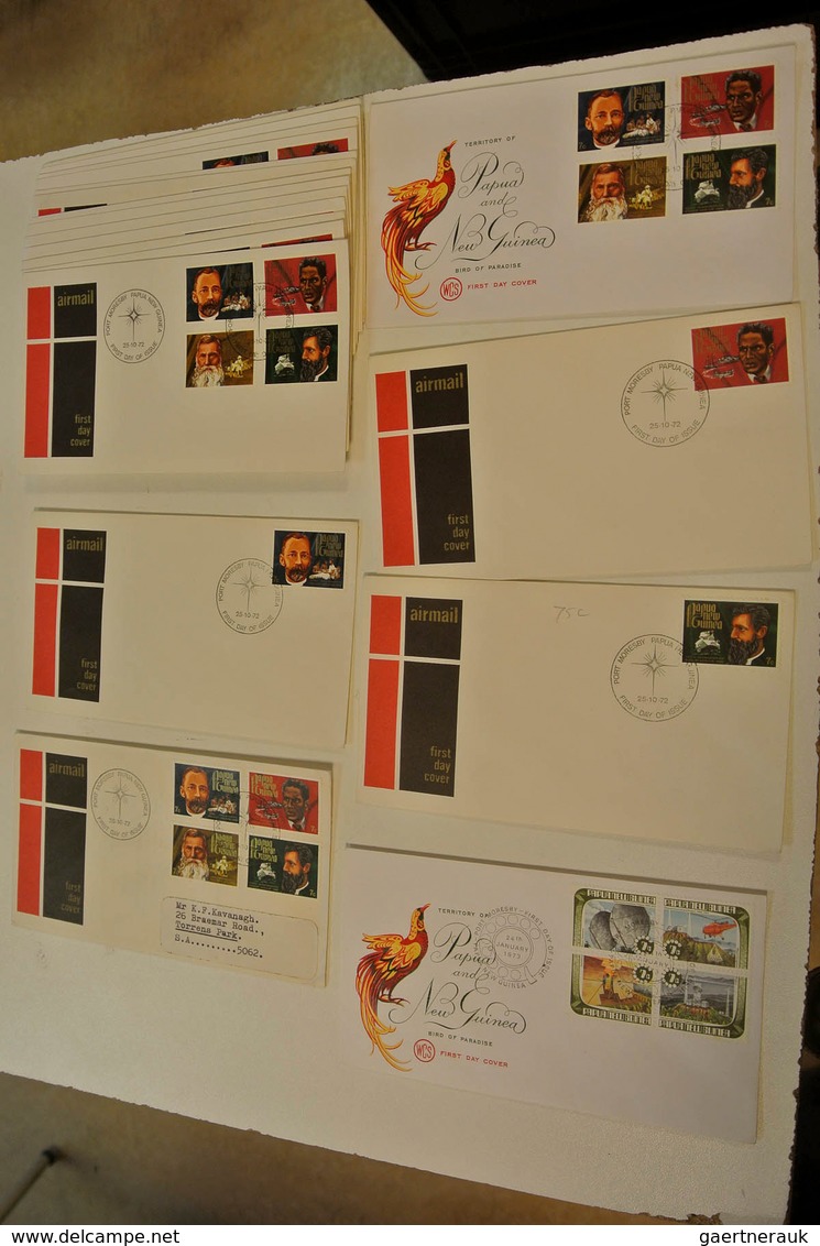 23812 Papua Neuguinea: 1952/88: Lot of ca. 1400 FDC's of Papua New Guinea 1952-1988 in large box. Lot cont