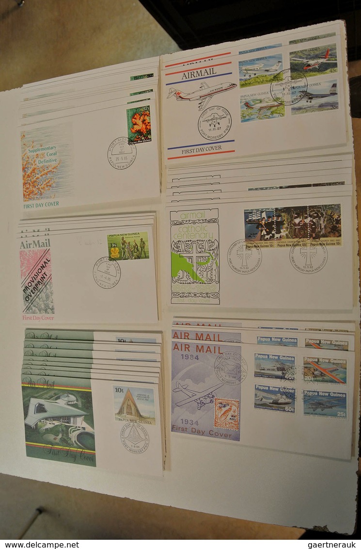 23812 Papua Neuguinea: 1952/88: Lot of ca. 1400 FDC's of Papua New Guinea 1952-1988 in large box. Lot cont