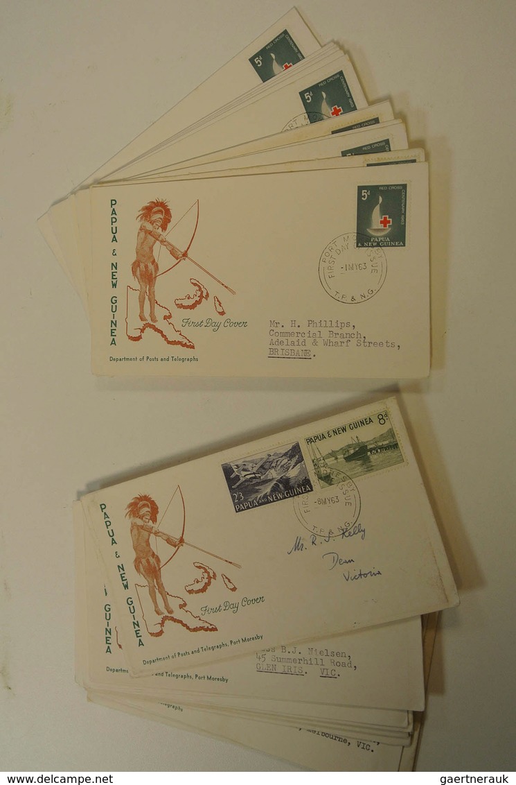 23812 Papua Neuguinea: 1952/88: Lot of ca. 1400 FDC's of Papua New Guinea 1952-1988 in large box. Lot cont