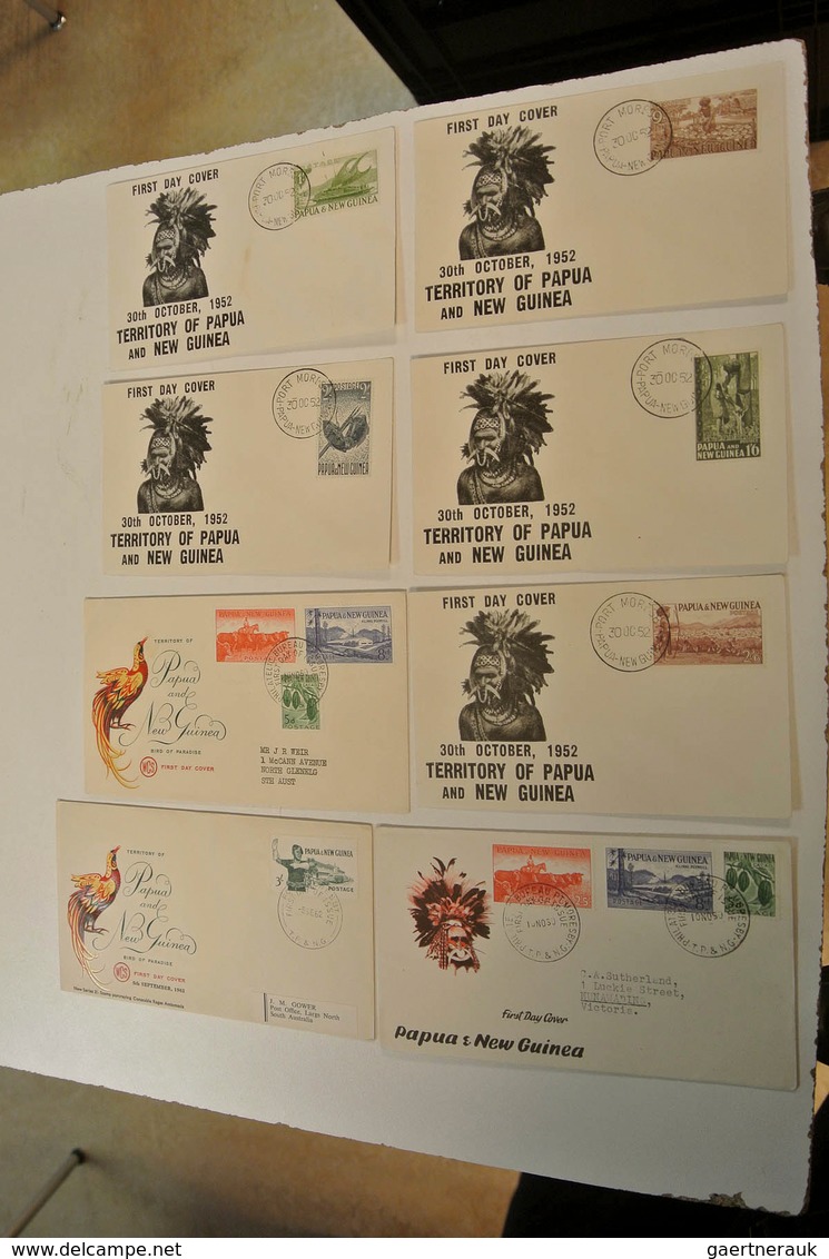 23812 Papua Neuguinea: 1952/88: Lot of ca. 1400 FDC's of Papua New Guinea 1952-1988 in large box. Lot cont