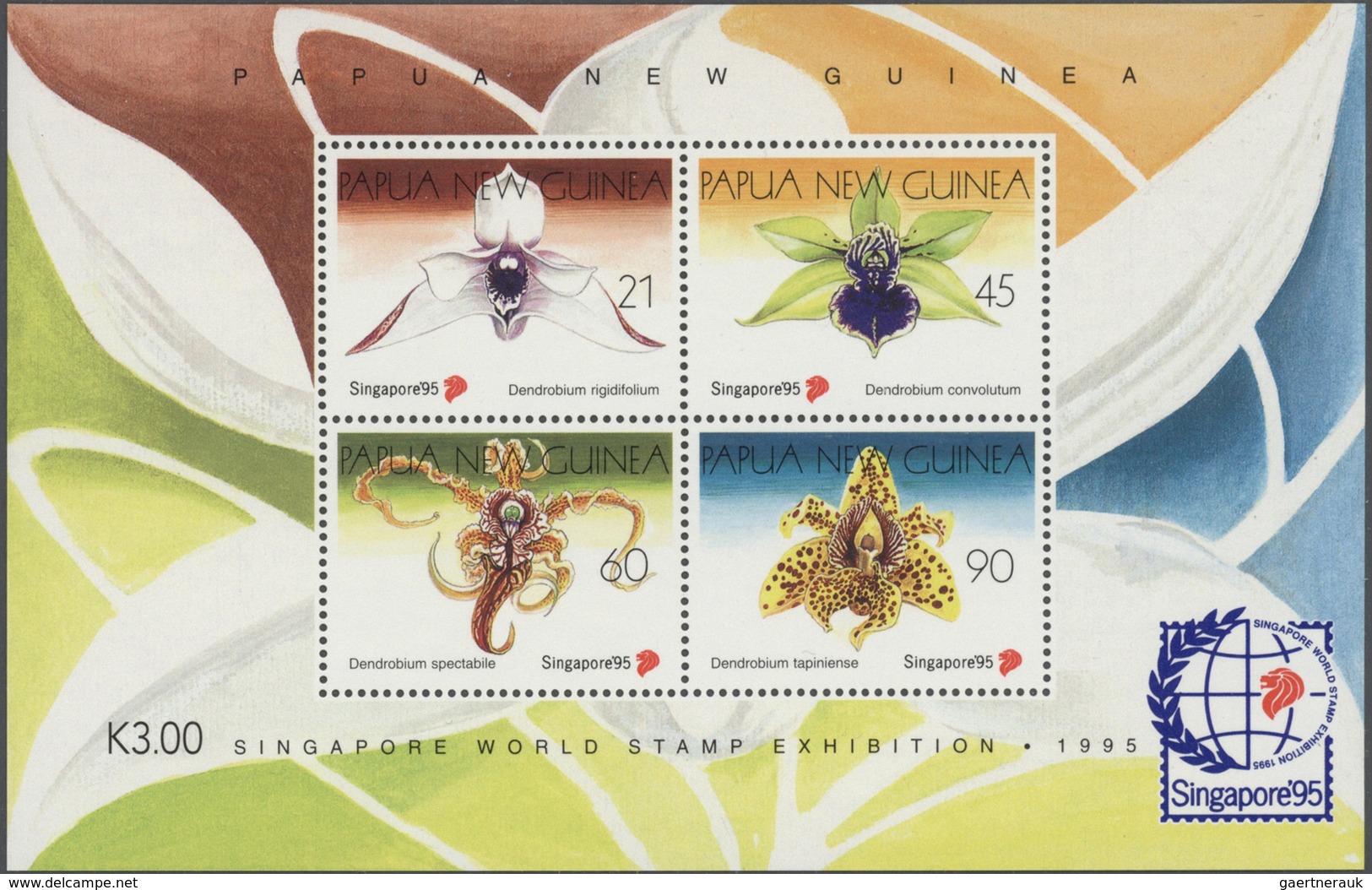 23817 Papua Neuguinea: 1995, ORCHIDS Miniature Sheet For 'Singapore Stamp Exhibition' In An Investment Lot - Papouasie-Nouvelle-Guinée