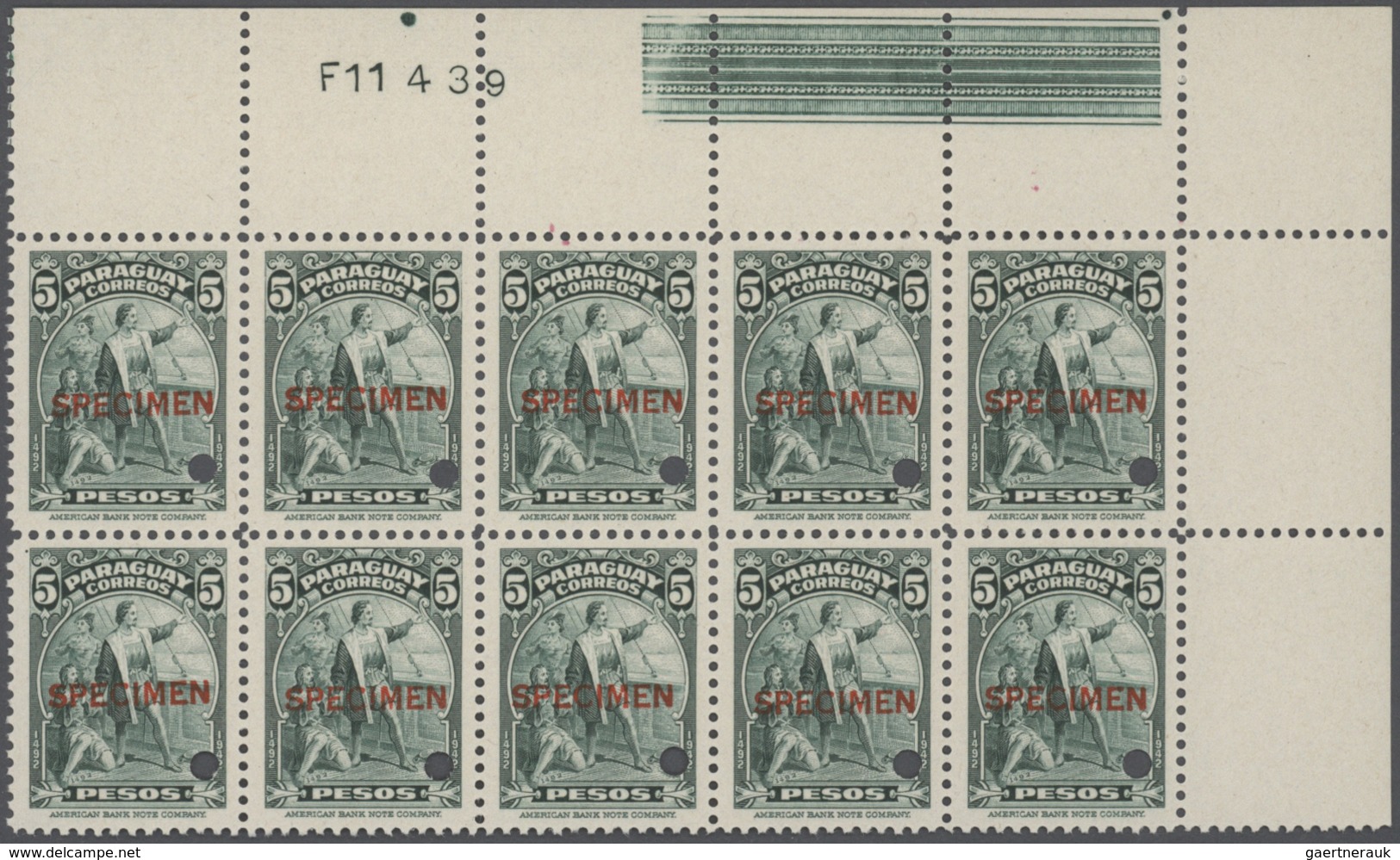 23853 Paraguay: 1943: Columbus Issue , 4 Values, Each Block Of 10, Overprinted SPECIMEN And Punch Hole, Wi - Paraguay