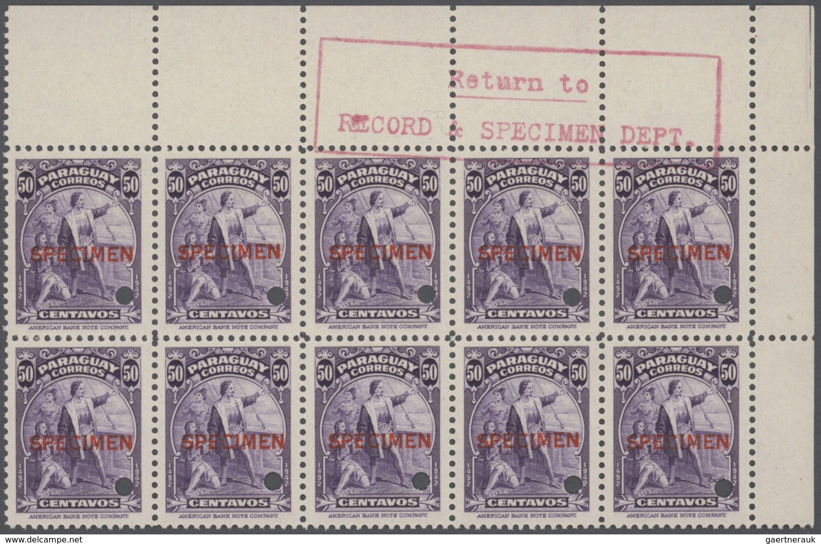 23853 Paraguay: 1943: Columbus Issue , 4 Values, Each Block Of 10, Overprinted SPECIMEN And Punch Hole, Wi - Paraguay