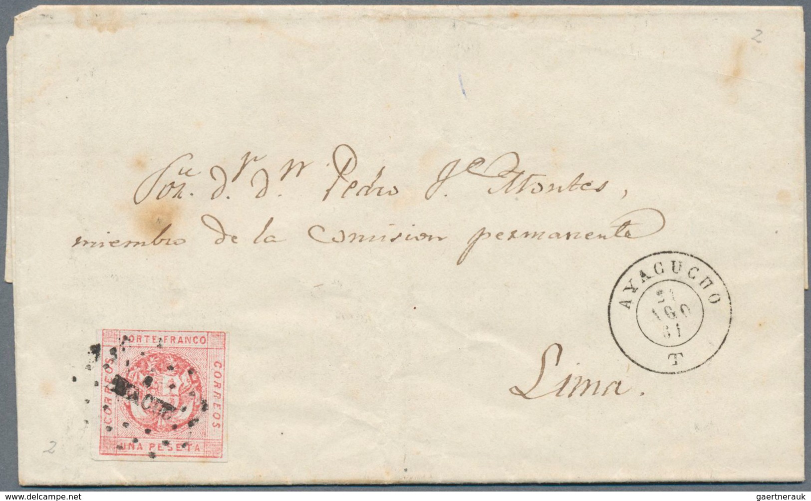 23862 Peru: 1861/1862, 7 Folded Letters And One Front All Franked With 1 Peseta Coat Of Arms From 3rd Issu - Peru