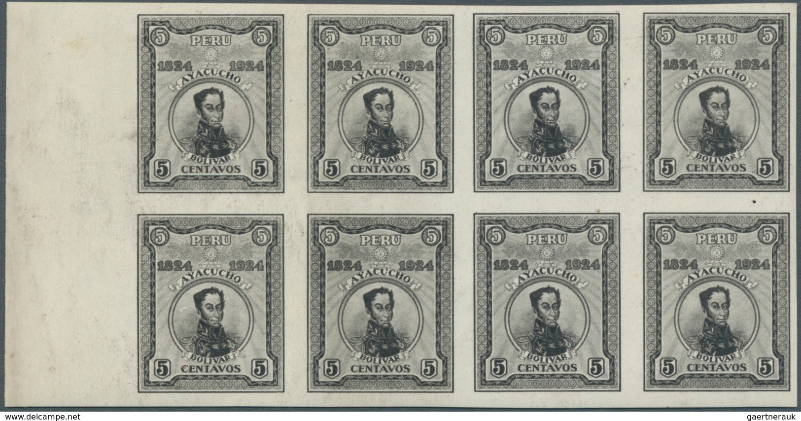 23864 Peru: 1924/1937, U/m Lot Of Specialities: 1924 Ayacucho Issue 5c. Black As IMPERFORAT Block Of Eight - Pérou