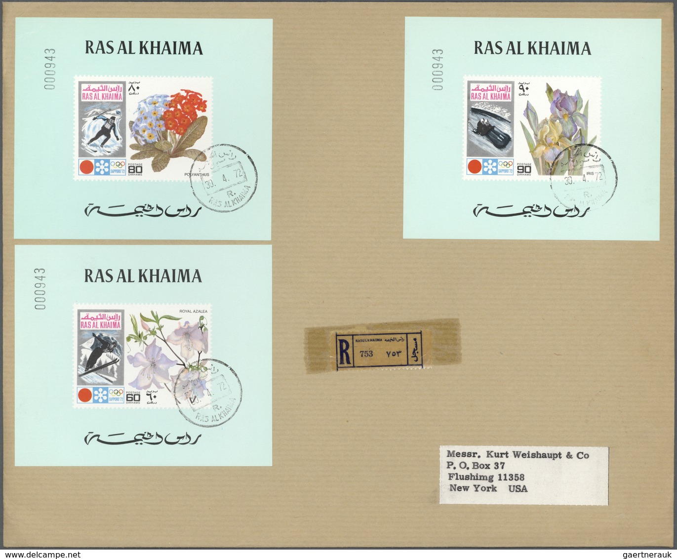 23889 Ras Al Khaima: 1967/1972, Assortment Of 31 Covers, Unaddressed Envelopes, F.d.c. And Registered/airm - Ras Al-Khaima