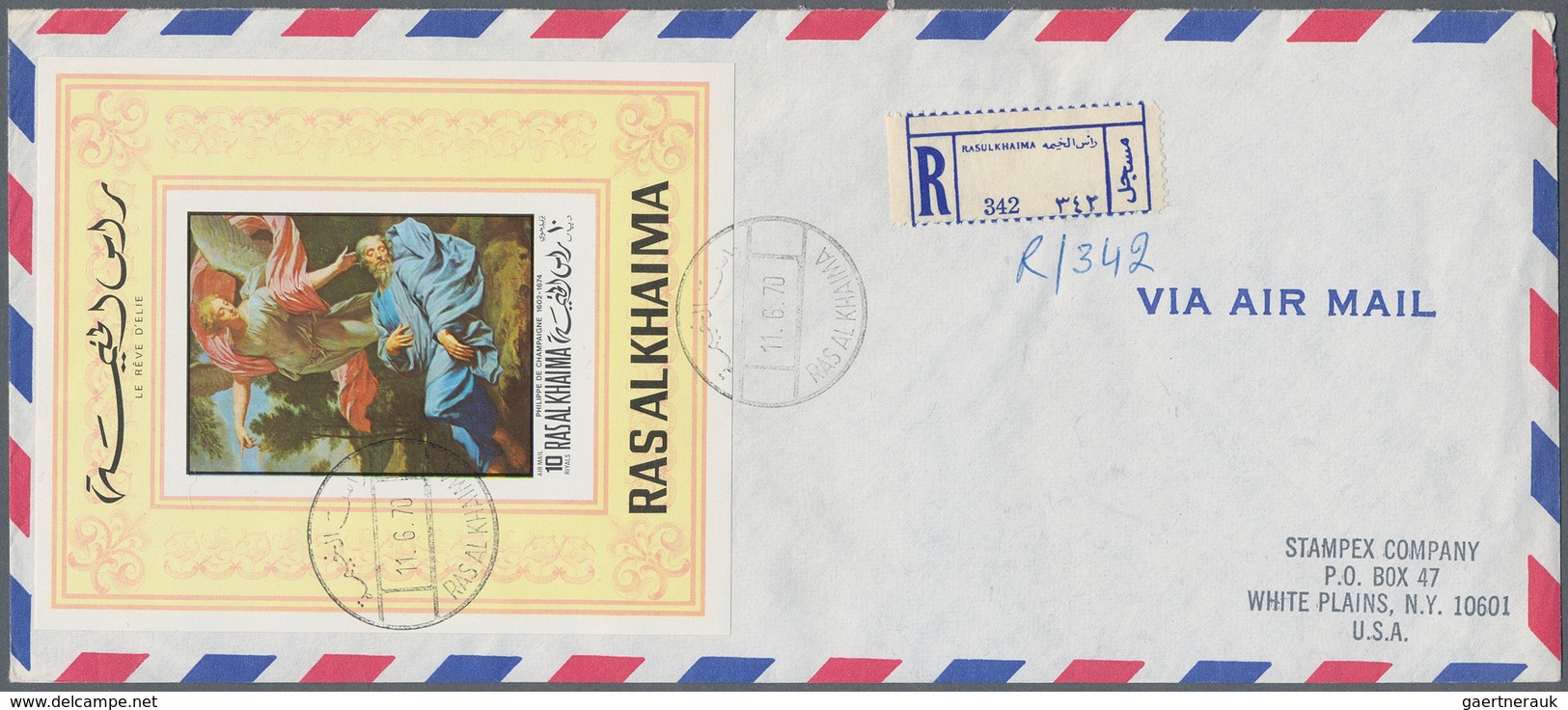 23895 Ras Al Khaima: 1969/1970, Christmas/Easter/Paintings, Group Of Eight Registered Airmail Covers To US - Ras Al-Khaima