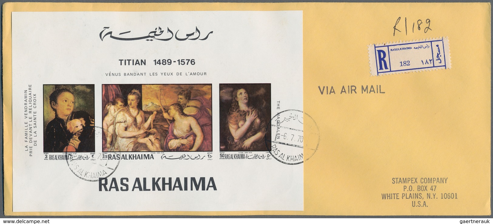 23895 Ras Al Khaima: 1969/1970, Christmas/Easter/Paintings, Group Of Eight Registered Airmail Covers To US - Ras Al-Khaima