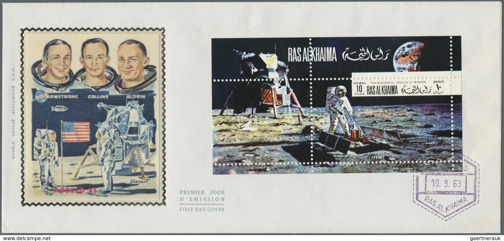 23896 Ras Al Khaima: 1969/1970, Space/Apollo, Group Of Eight Cacheted Envelopes Incl. Six Souvenir Sheets. - Ras Al-Khaima