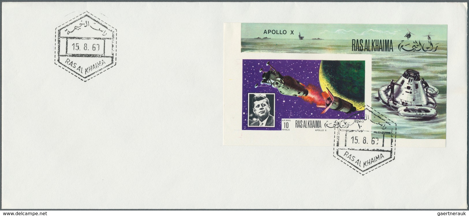 23896 Ras al Khaima: 1969/1970, Space/Apollo, group of eight cacheted envelopes incl. six souvenir sheets.