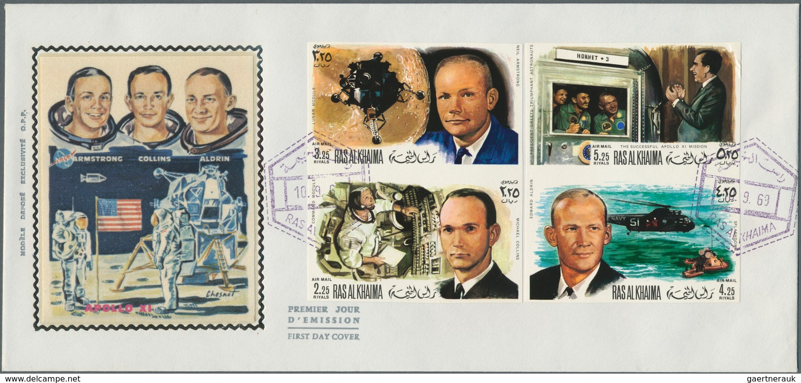 23896 Ras al Khaima: 1969/1970, Space/Apollo, group of eight cacheted envelopes incl. six souvenir sheets.