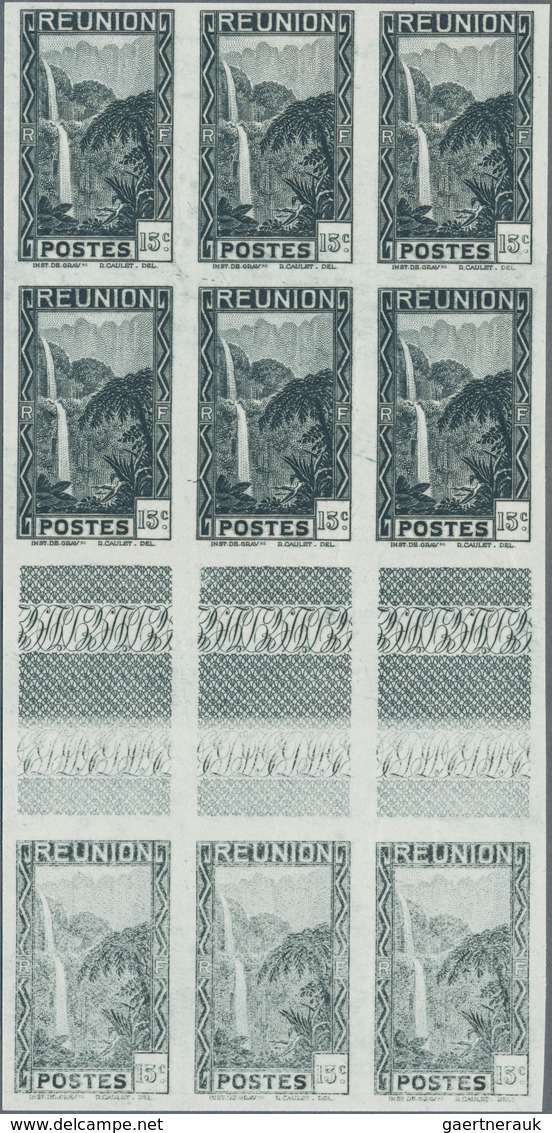 23910 Reunion: 1933, Definitive Issue 'Salazie Waterfall' 15c. Lot Of 30 IMPERFORATE Stamps In Two Blocks/ - Briefe U. Dokumente