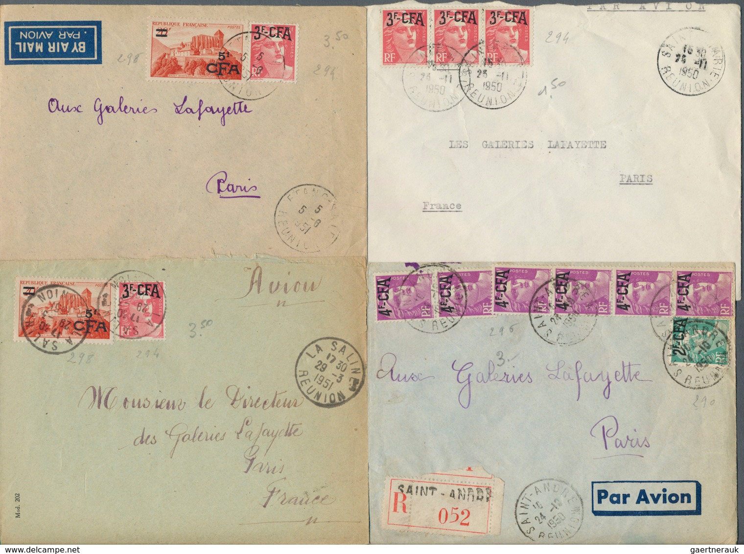 23912 Reunion: 1950/1974, Group Of Ten Commercial Covers To Paris Resp. Monaco, Some Postal Wear. - Lettres & Documents