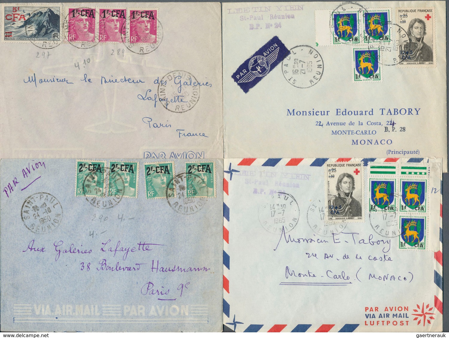 23912 Reunion: 1950/1974, Group Of Ten Commercial Covers To Paris Resp. Monaco, Some Postal Wear. - Lettres & Documents