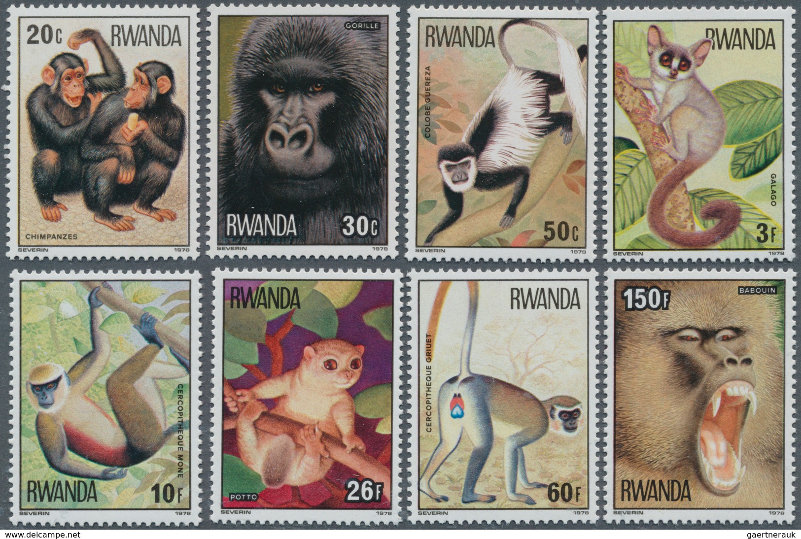 23918 Ruanda: 1978, MONKEYS Complete Set Of Eight From 20c. To 150fr. (chimpanzee, Gorilla, Baboon Etc.) I - Altri & Non Classificati