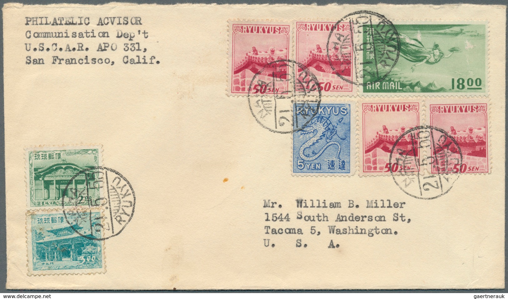 23922 Riukiu - Inseln / Ryu Kyu: 1951/59, Covers (2), LDC (1) And FDC (4). Inc. Two With 5 Y. Blue Dragon, - Ryukyu Islands