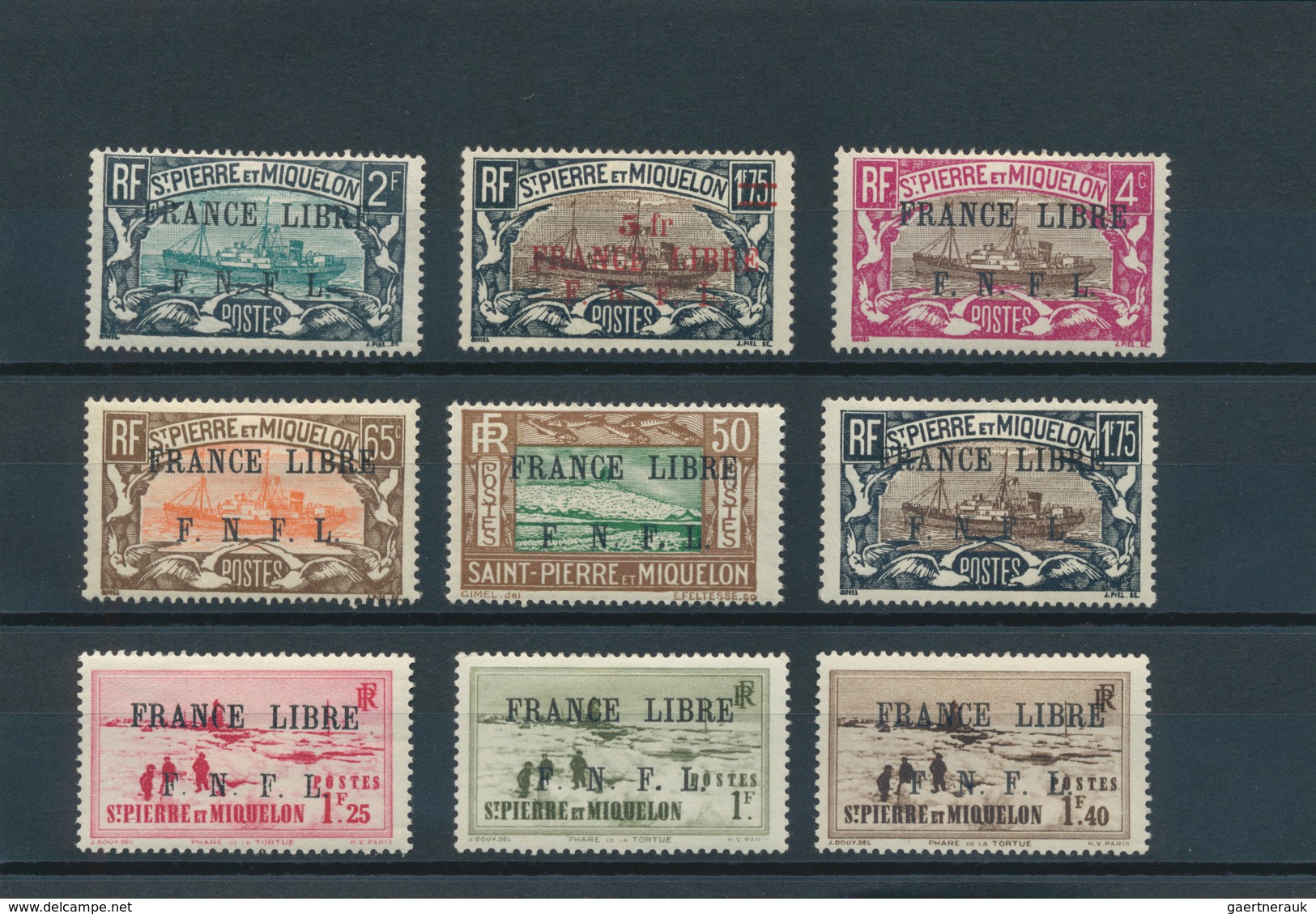 23933 St. Pierre Und Miquelon: 1941/1942, FRANCE LIBRE F.N.F.L. Overprints, Mint Assortment Of 18 Differen - Autres & Non Classés