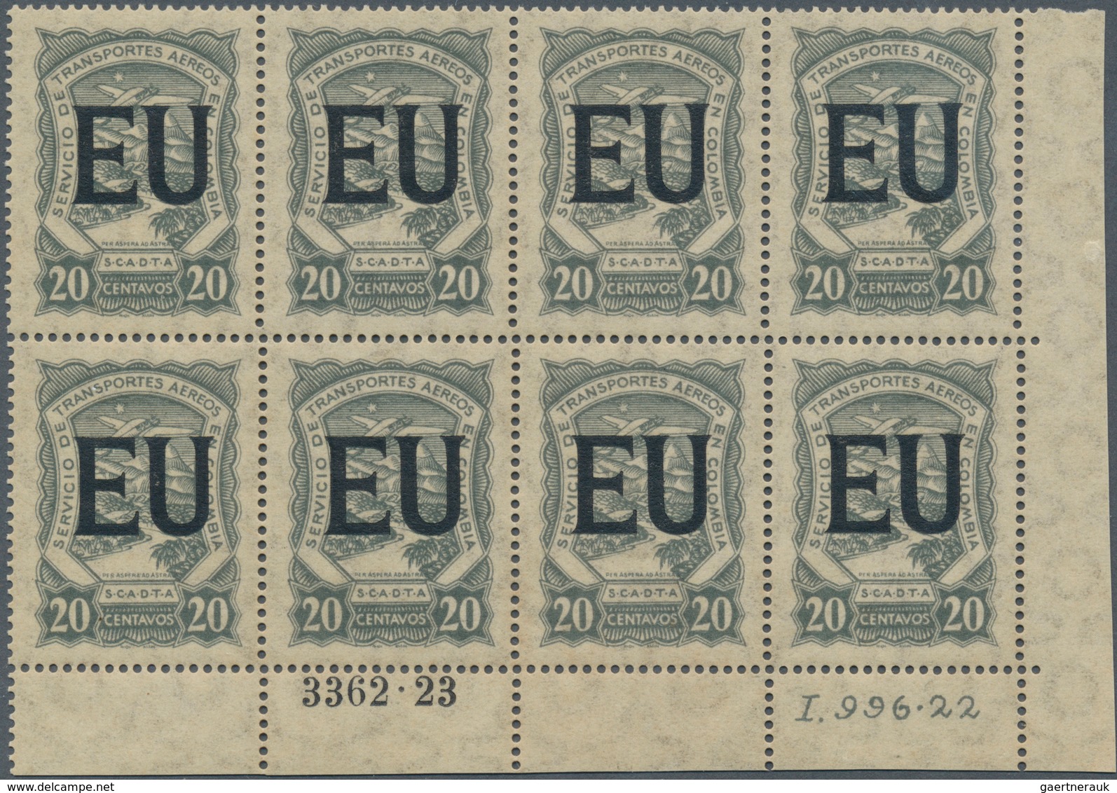 24005 SCADTA - Länder-Aufdrucke: 1923, UNITED STATES: Colombia 20c. Grey With Black Opt. 'EU' In A Lot Wit - Avions