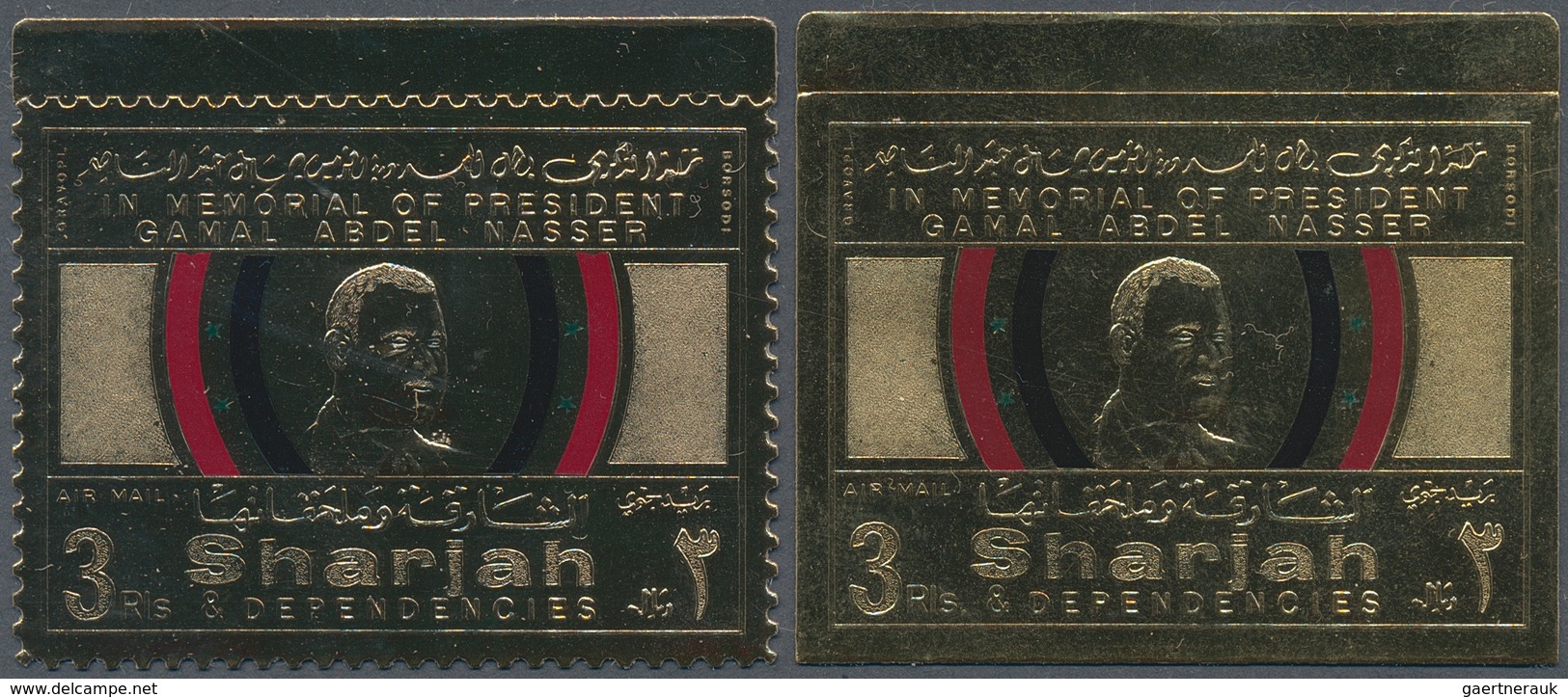 24035 Schardscha / Sharjah: 1970 (ca.), Prominent Persons 'In Memoriam President NASSER' Gold Foil Stamps - Sharjah