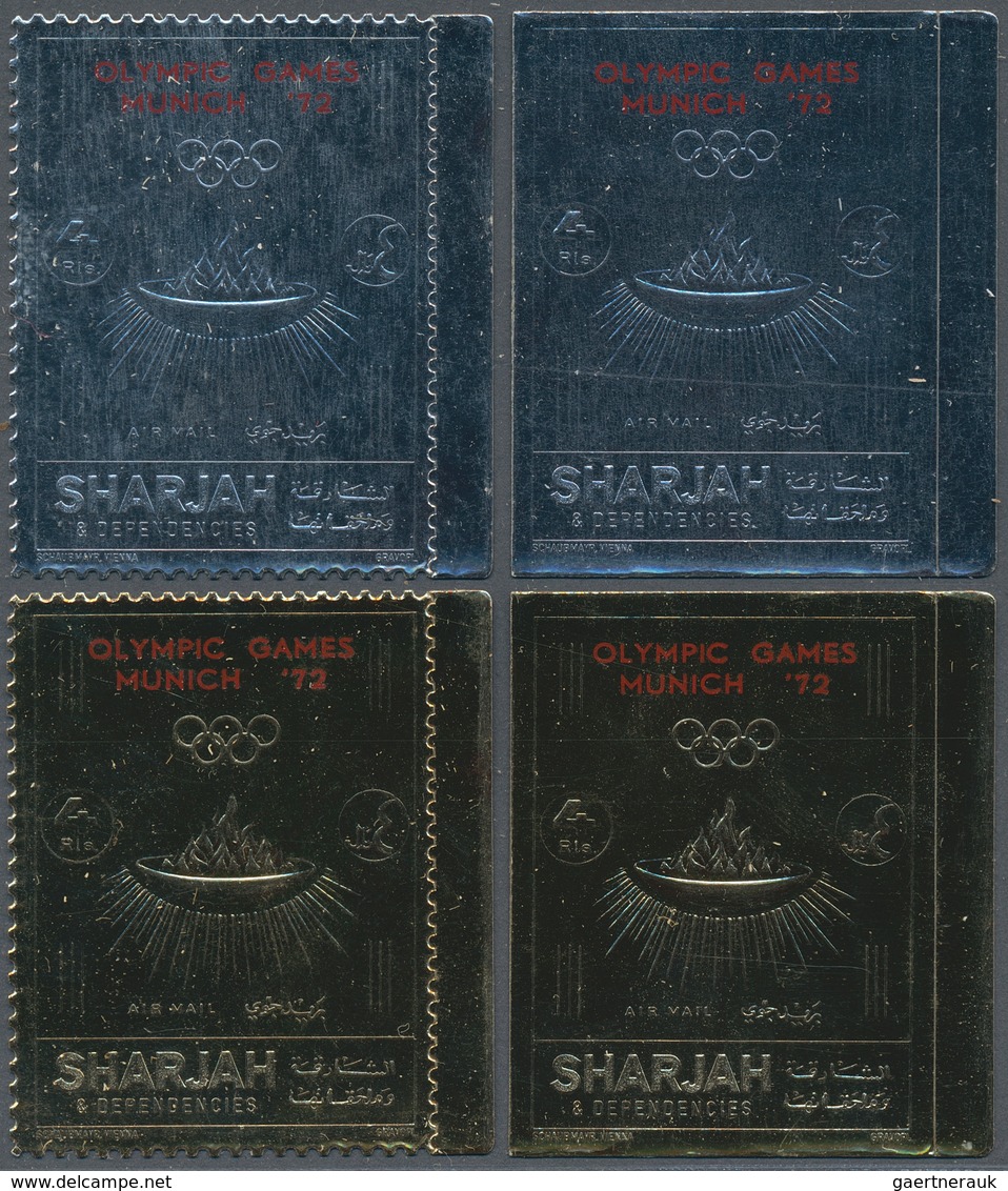 24040 Schardscha / Sharjah: 1972, Summer Olympics Munich 1972 'Olympic Flame And Rings' Gold And Silver Fo - Sharjah