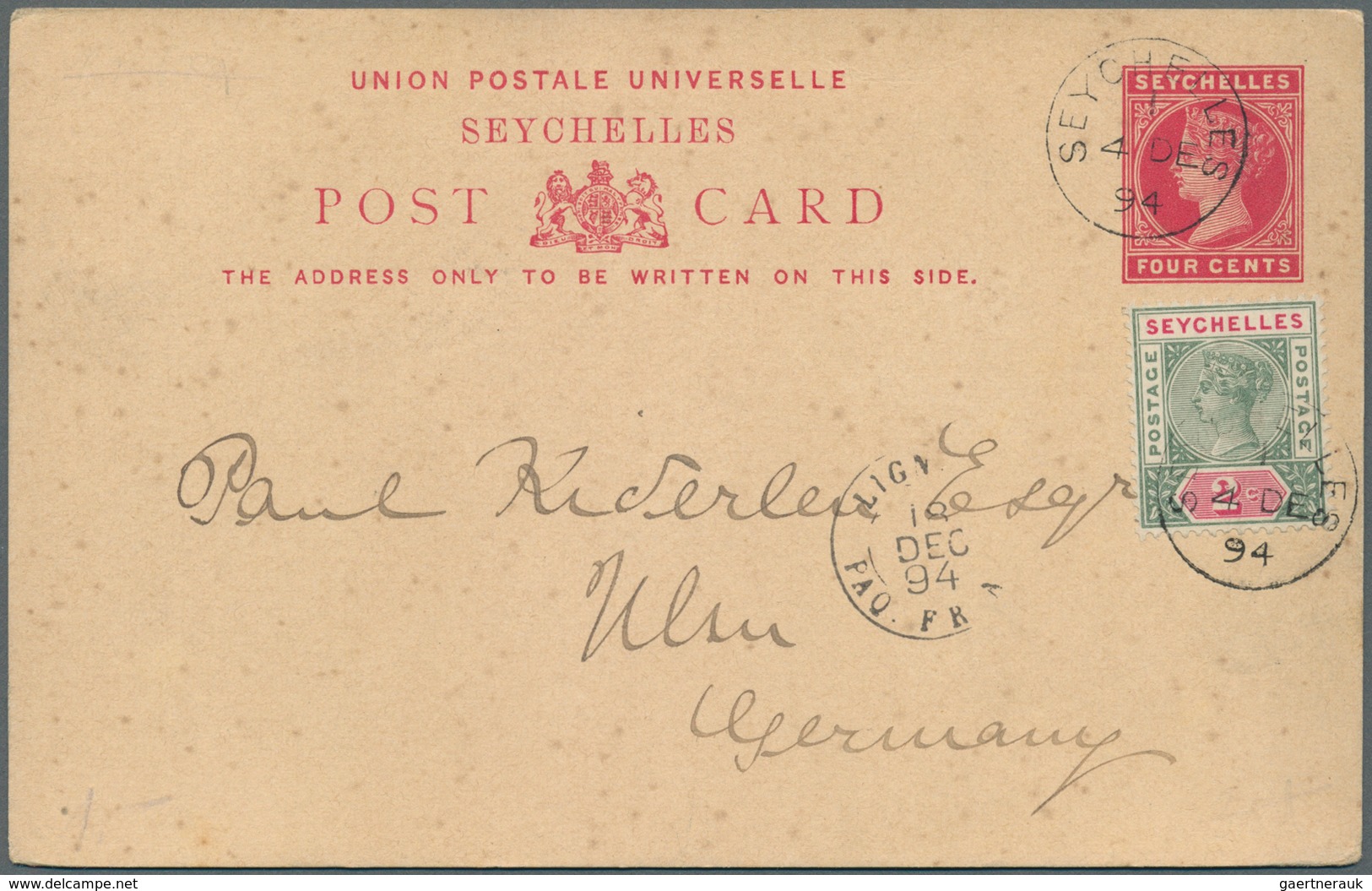 24048 Seychellen: 1890-1902, Group Of Six Postal Stationery Cards, With Three Of Them Used To Germany Incl - Seychelles (...-1976)