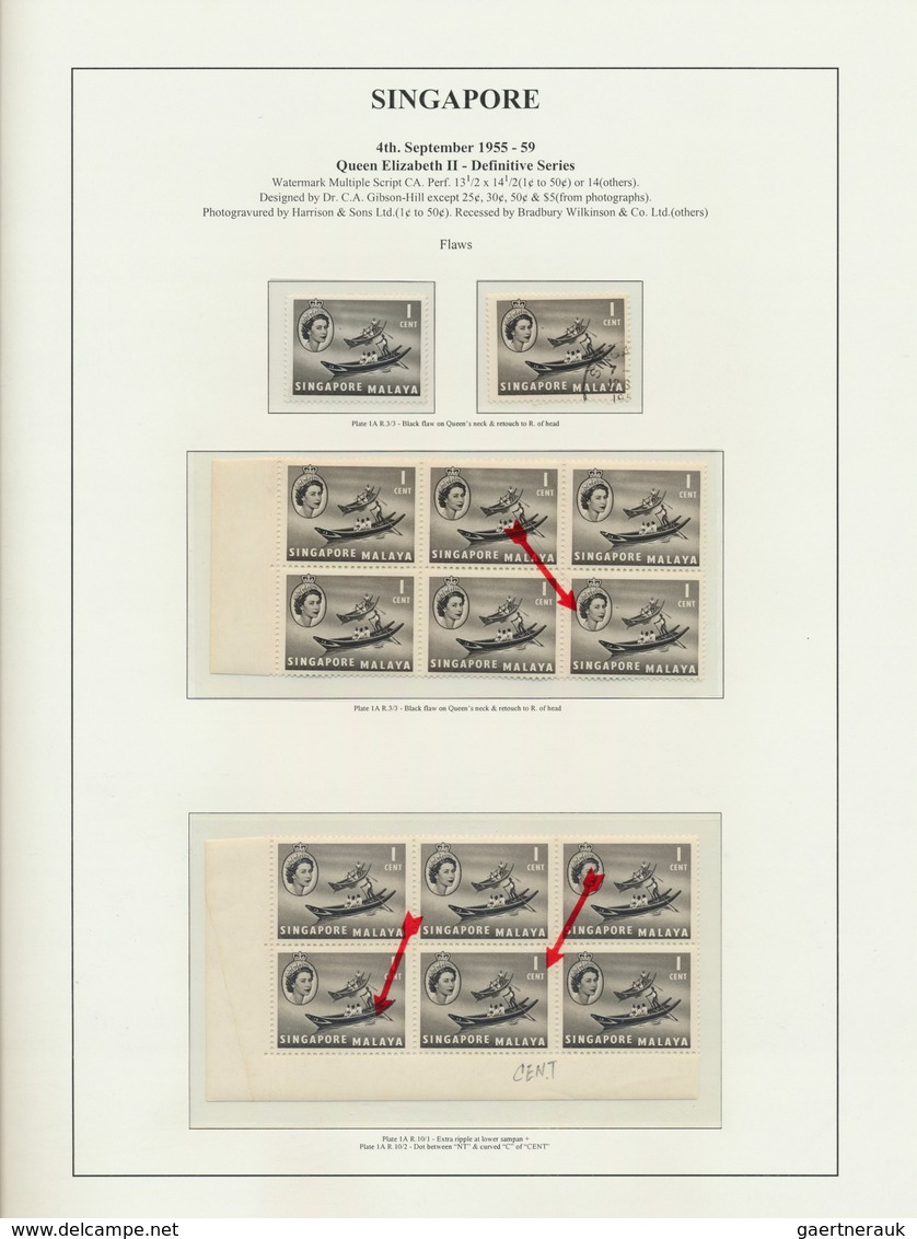 24056 Singapur: 1955/1959, Definitives QEII, 1c. And 4c., Specialised Assortment Of Apprx. 310 Stamps, Sho - Singapour (...-1959)