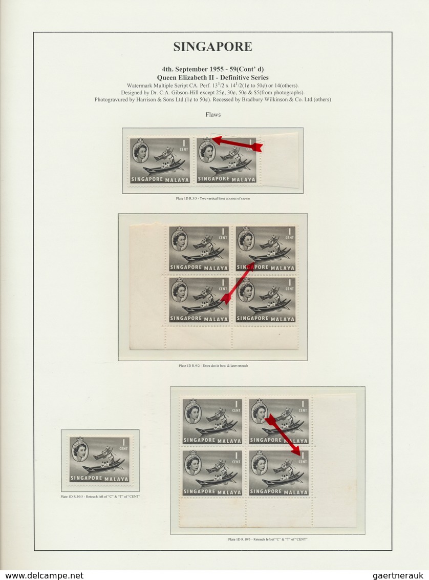 24056 Singapur: 1955/1959, Definitives QEII, 1c. And 4c., Specialised Assortment Of Apprx. 310 Stamps, Sho - Singapour (...-1959)