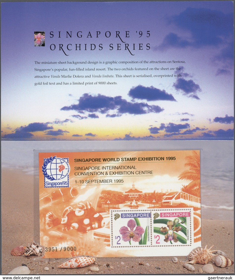 24081 Singapur: 1995, Stamp Exhibition SINGAPORE '95 ("Orchids"), Special Souvenir Sheet With Orange Sheet - Singapour (...-1959)