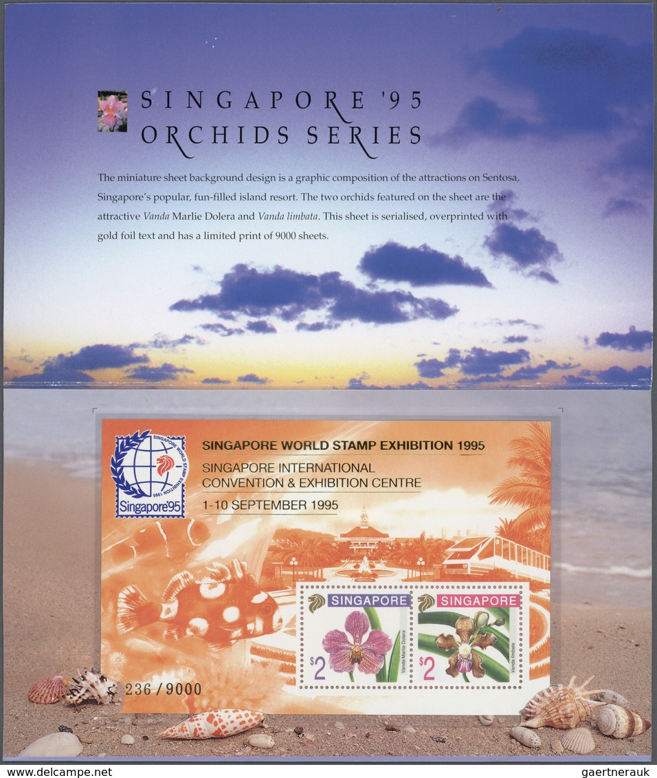 24082 Singapur: 1995, Stamp Exhibition SINGAPORE '95 ("Orchids"), Special Souvenir Sheet With Orange Sheet - Singapore (...-1959)