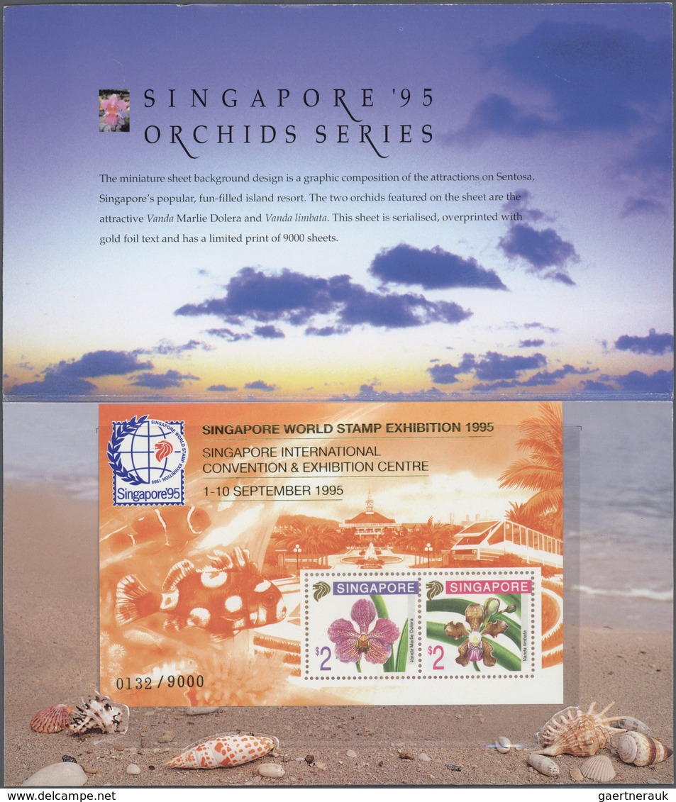 24083 Singapur: 1995, Stamp Exhibition SINGAPORE '95 ("Orchids"), Special Souvenir Sheet With Orange Sheet - Singapore (...-1959)
