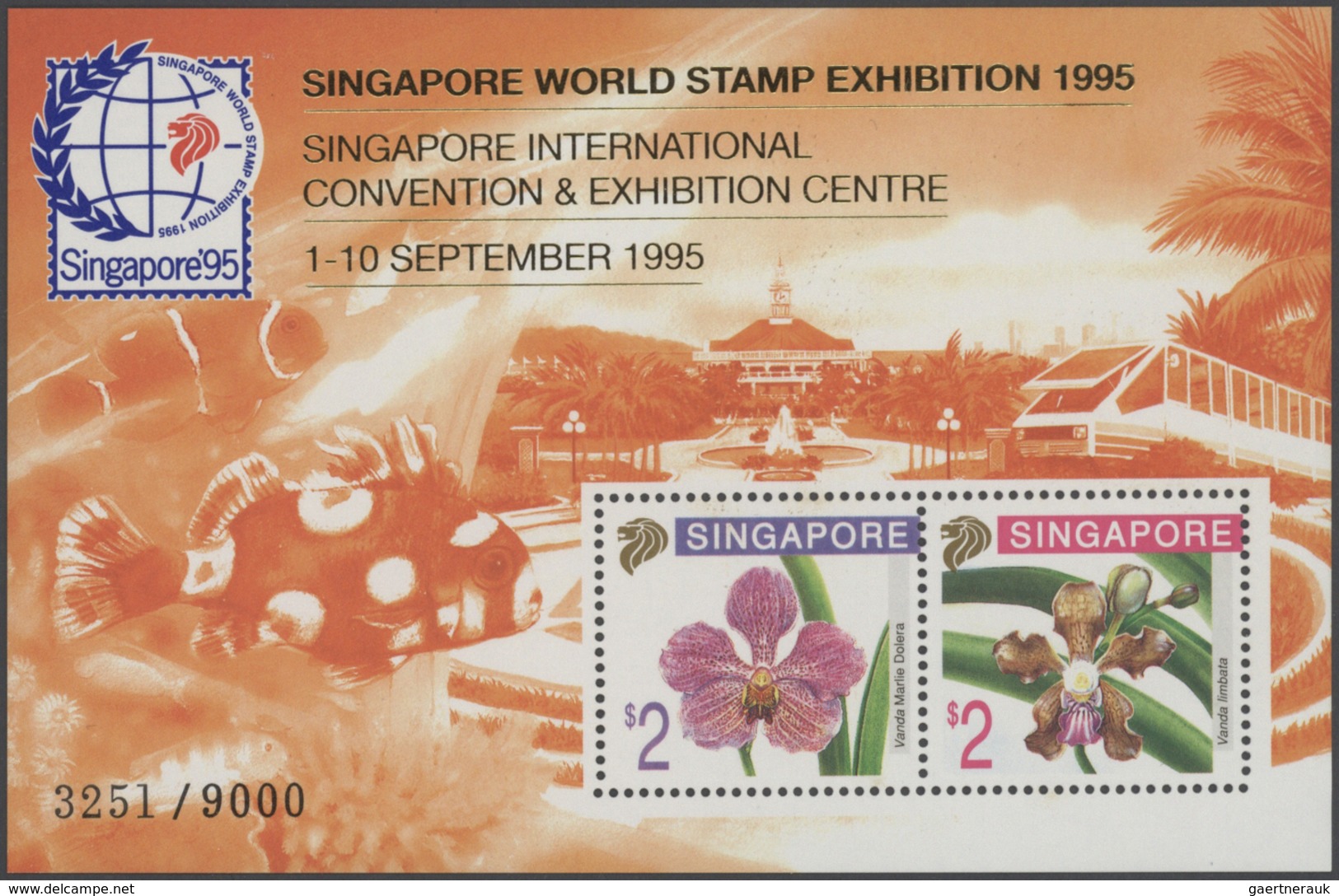 24084 Singapur: 1995, Stamp Exhibition SINGAPORE '95 ("Orchids"), Special Souvenir Sheet With Orange Sheet - Singapour (...-1959)