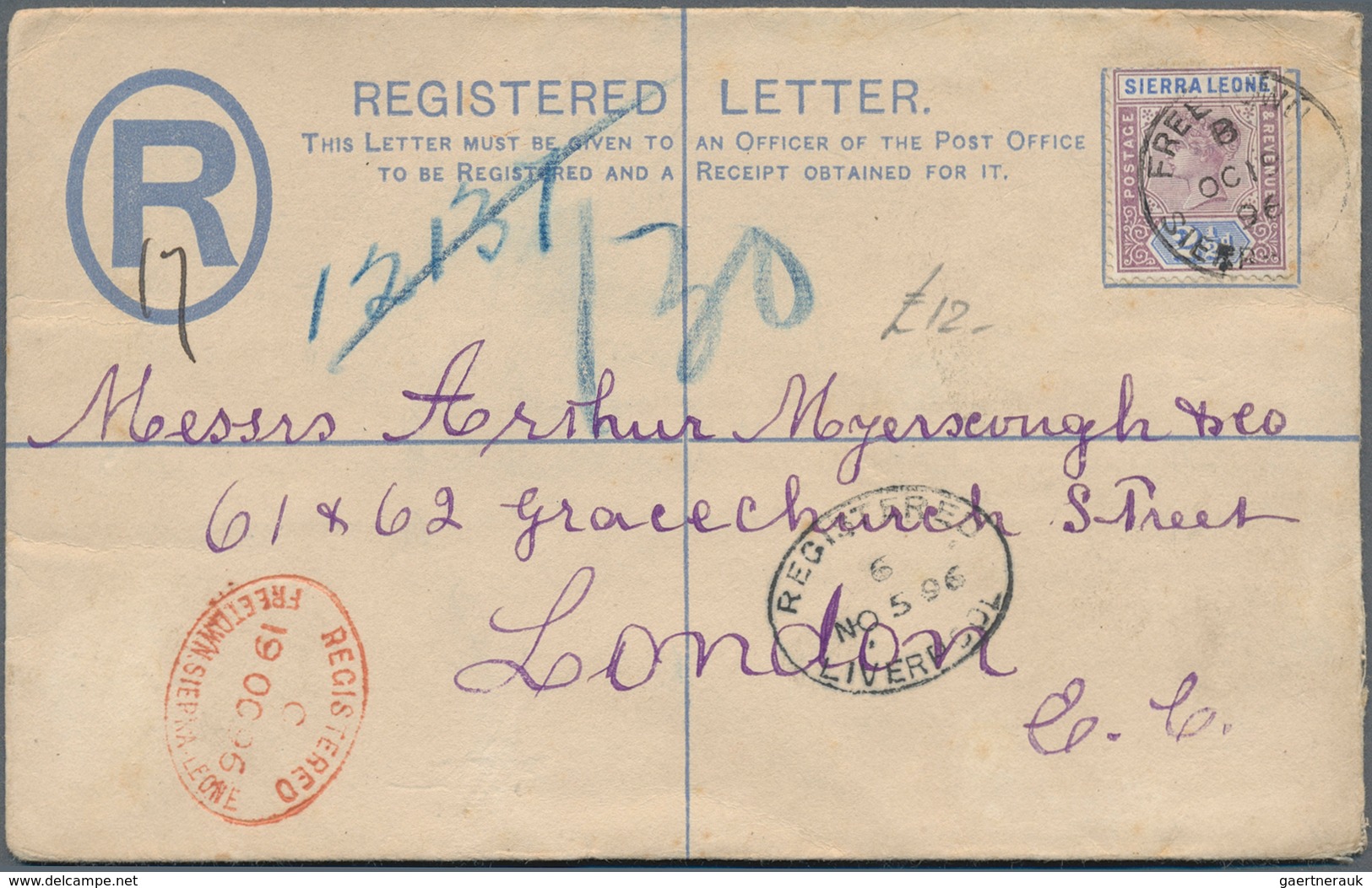 24091 Sierra Leone: 1895-1935: Three Covers And Six Postal Stationery Registered Envelopes To England, Wit - Sierra Leone (1961-...)