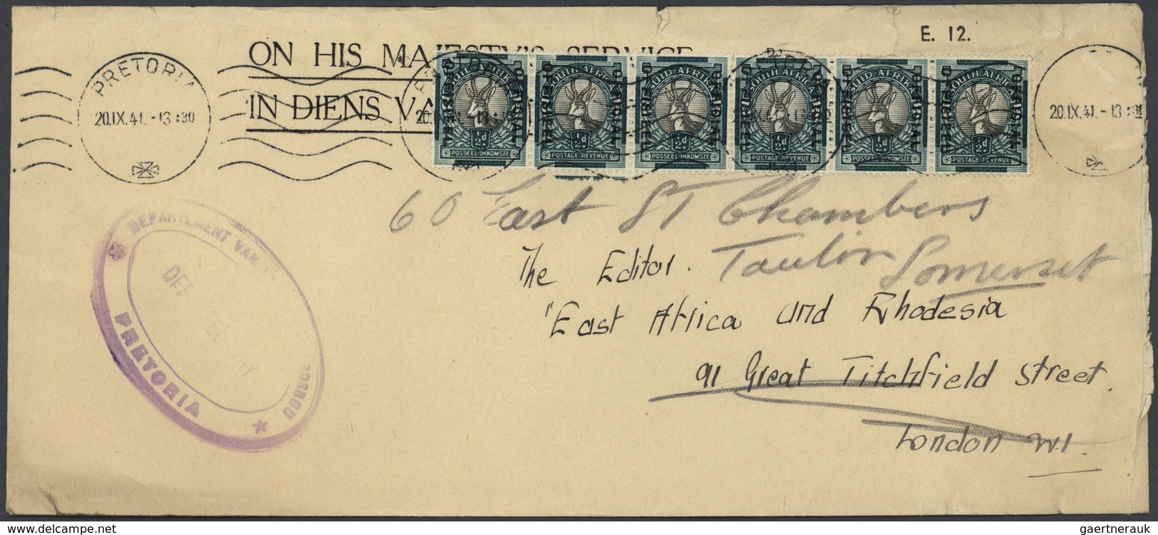 24136 Südafrika - Dienstmarken: 1941/47, Covers (7 Inc. 4 By Air Mail) All Used To The Editor, "East Afric - Timbres De Service