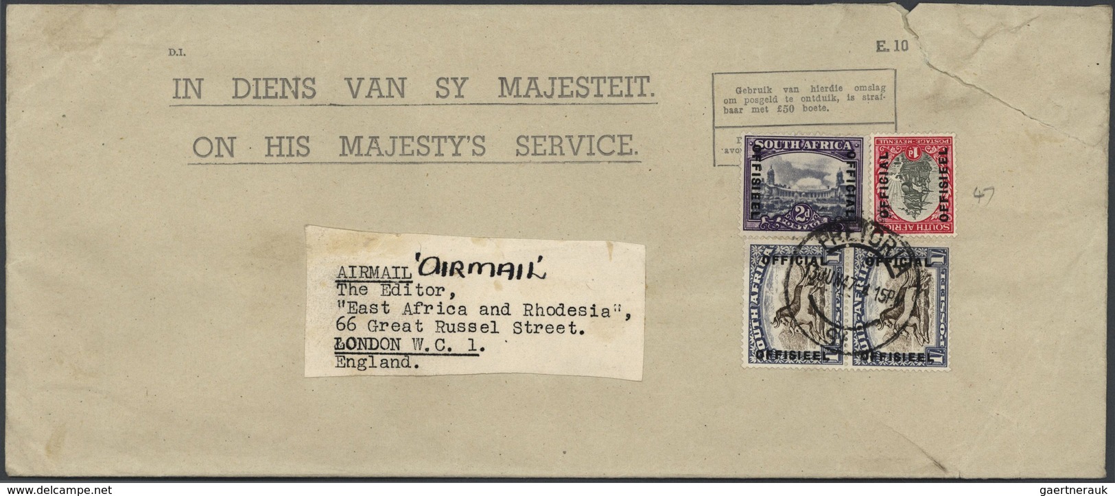 24136 Südafrika - Dienstmarken: 1941/47, Covers (7 Inc. 4 By Air Mail) All Used To The Editor, "East Afric - Timbres De Service