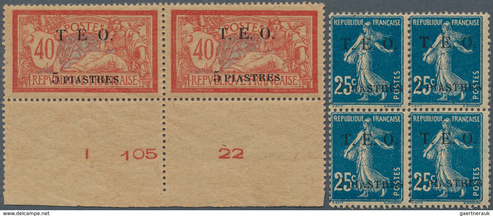 24178 Syrien: 1919, T.E.O. Overprints, Mint Assortment Of 19 Stamps Incl. Two Horiz. Pairs 5pi. On 40c., H - Syrie