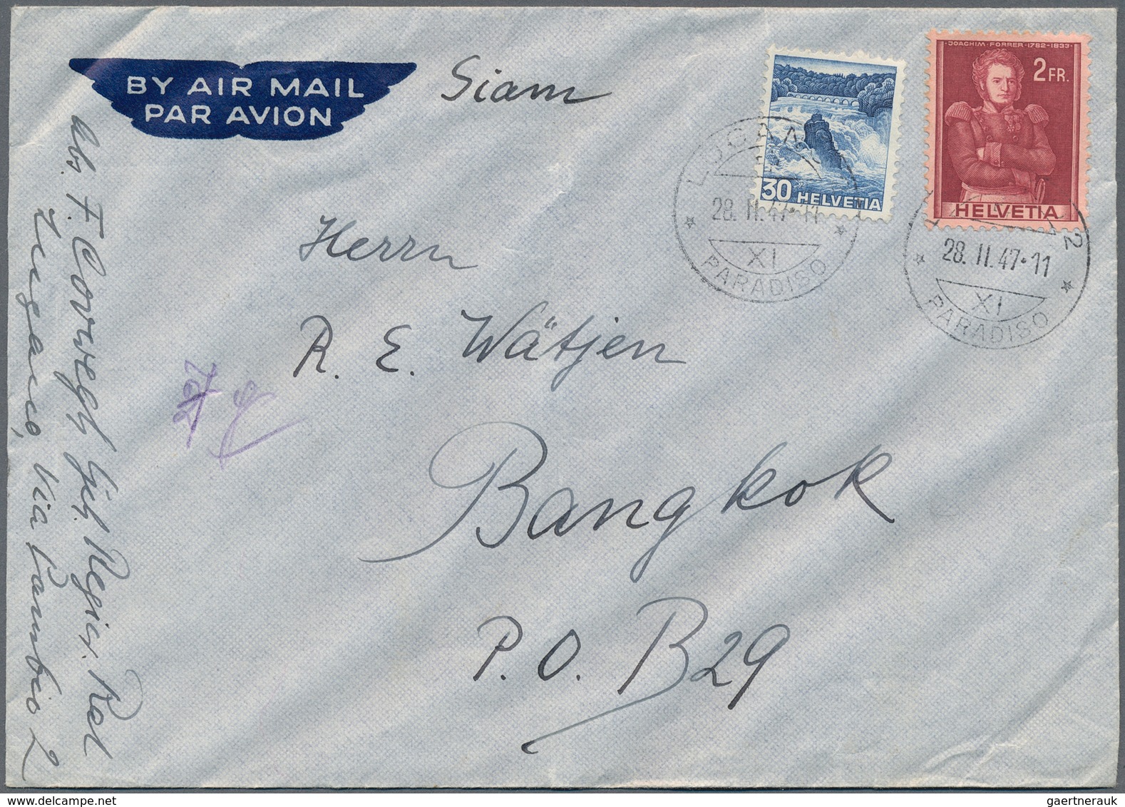 24238 Thailand: 1946-47: Group Of Nine Airmail Covers From Switzerland To Thailand, Different Frankings, A - Thaïlande