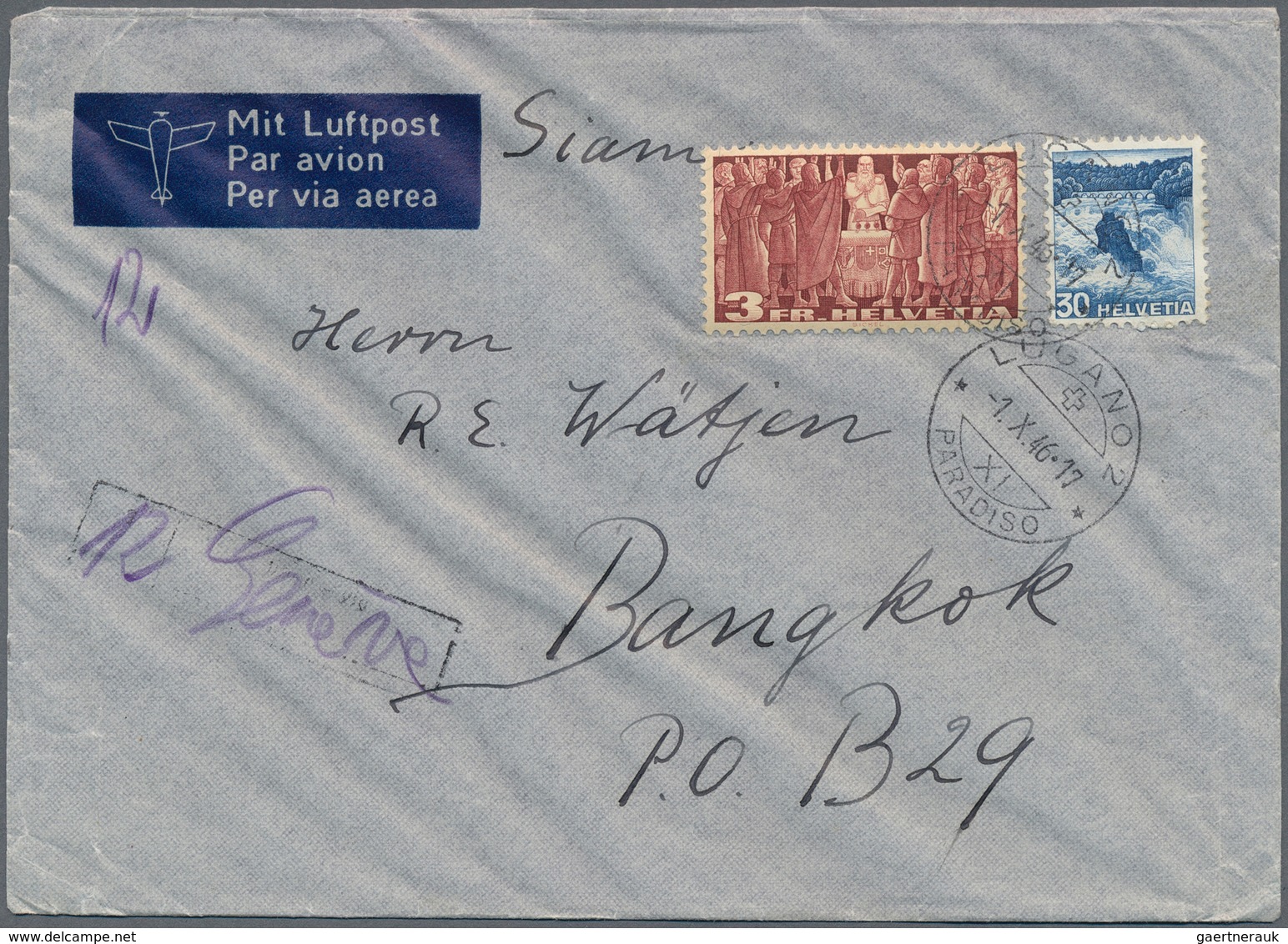 24238 Thailand: 1946-47: Group Of Nine Airmail Covers From Switzerland To Thailand, Different Frankings, A - Thaïlande