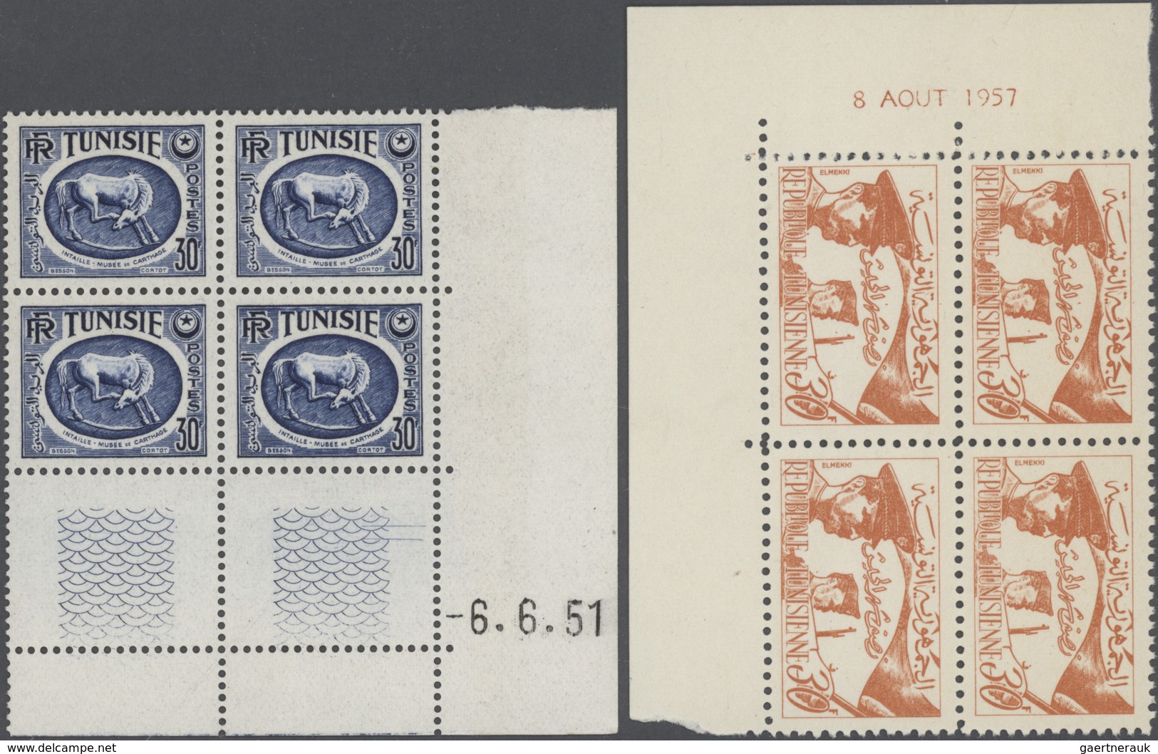 24280 Tunesien: 1945/1968 (ca.), Accumulation In Stockbook With Many BLOCKS Of Four Incl. Many With Printi - Tunisie (1956-...)