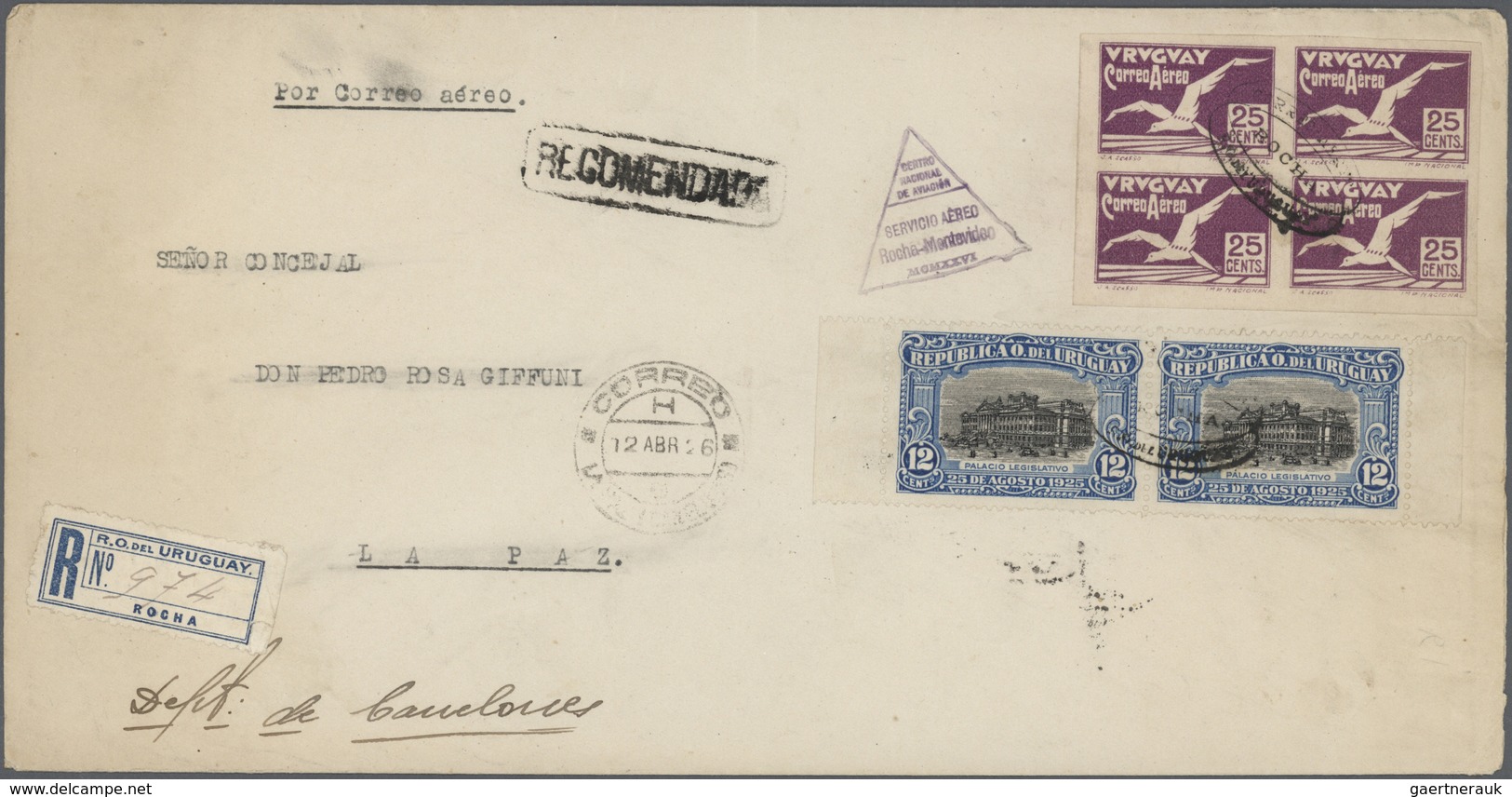 24315 Uruguay: 1926/1930, Lot Of Five Airmail Covers Bearing Frankings "Albatros" Airmail Stamps Incl. Reg - Uruguay