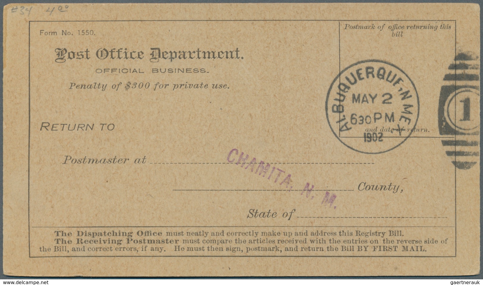 24389 Vereinigte Staaten Von Amerika: 1902-1904, Registered Package Receipt Cards With Good New Mexico Can - Autres & Non Classés