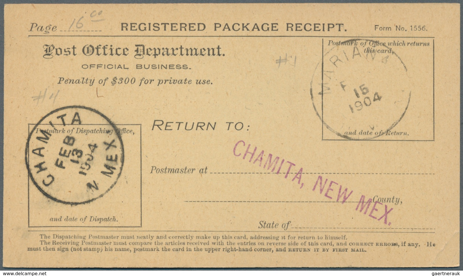 24389 Vereinigte Staaten Von Amerika: 1902-1904, Registered Package Receipt Cards With Good New Mexico Can - Autres & Non Classés