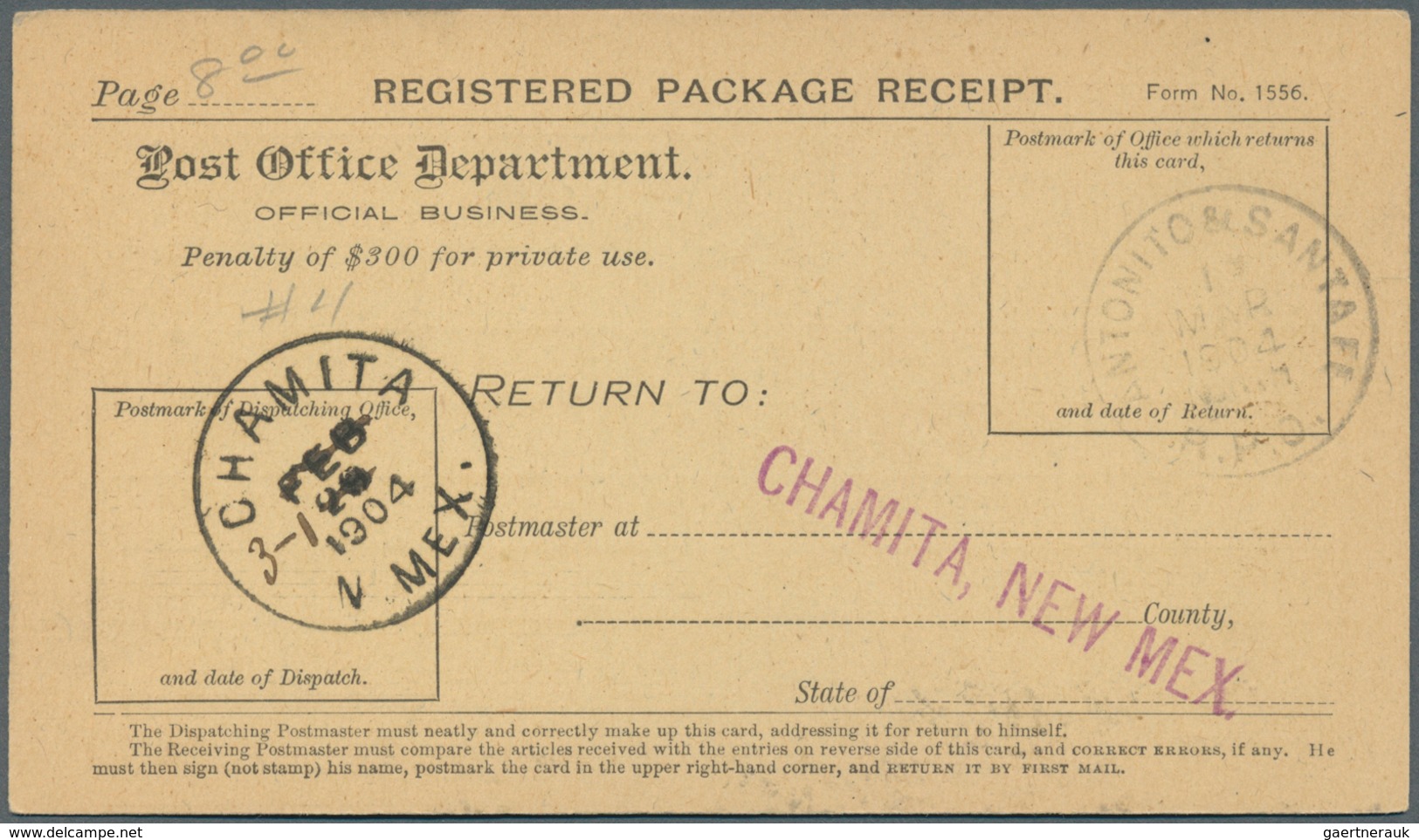 24390 Vereinigte Staaten Von Amerika: 1902-1904, Registered Package Receipt Cards With Good New Mexico Can - Autres & Non Classés