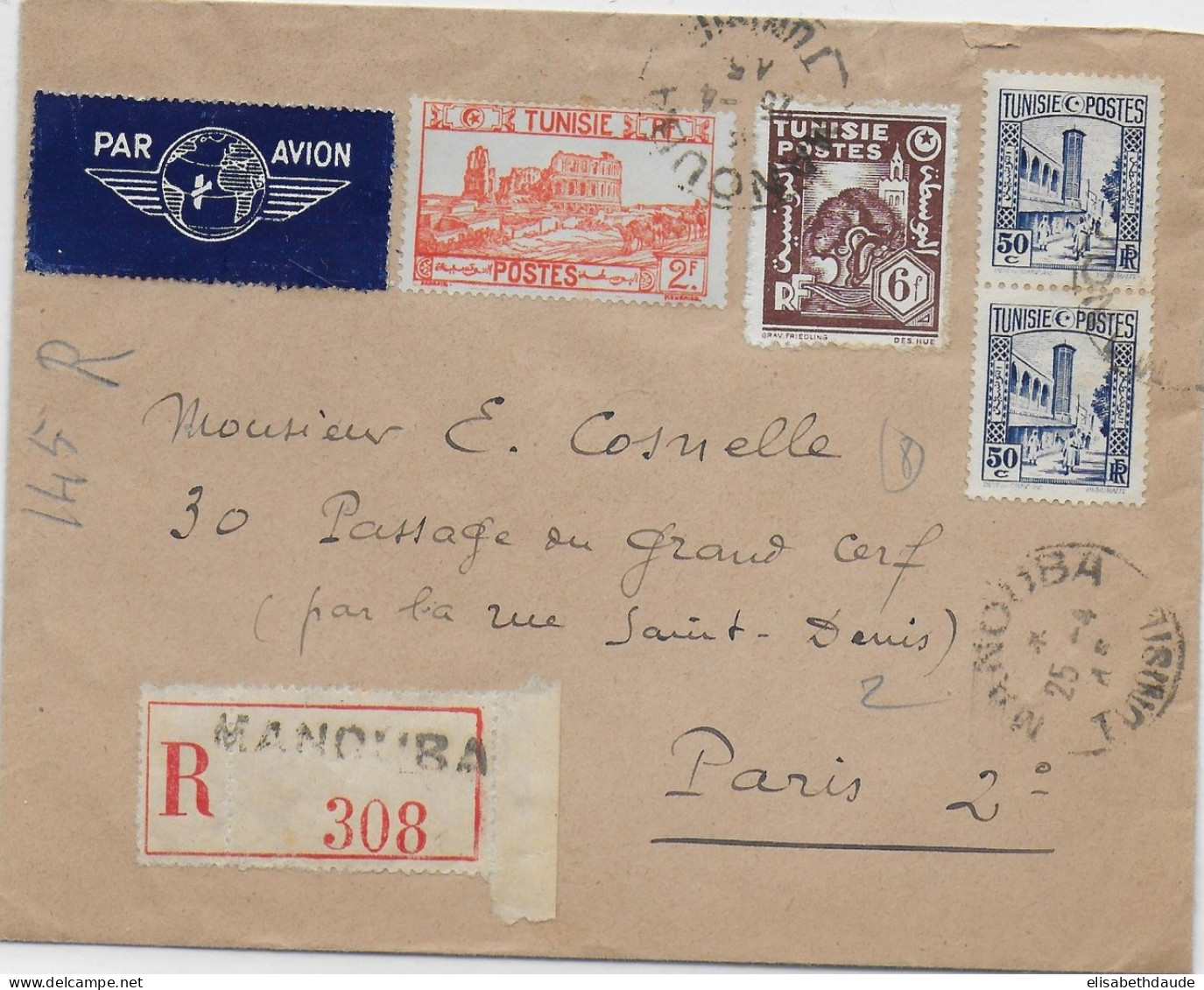 TUNISIE - 1945 - ENVELOPPE RECOMMANDEE De MANOUBA => PARIS - Lettres & Documents